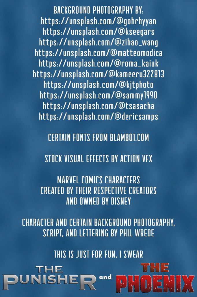 The credits for the comic, citing the Unsplash users whose photographs were the background art, the use of fonts by Blambot, acknowledging the human creators of the characters of Marvel Comics, the ownership of Marvel by Disney, the use of stock visual effects by Action VFX, and that the figure (and certain background) photography/script/lettering were by me, Phil Wrede.